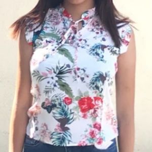 Button Down Short Sleeve Floral Top Blouse